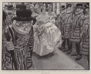 Le salon de dessin de la reine, débutantes en route vers la salle du trône passant devant les Yeomen de la garde - Frank Craig